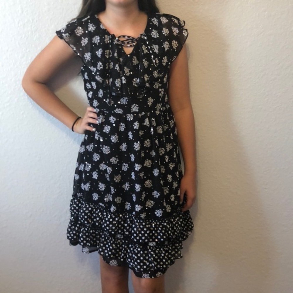 Justice sparkly black dress with floral pattern  size 10